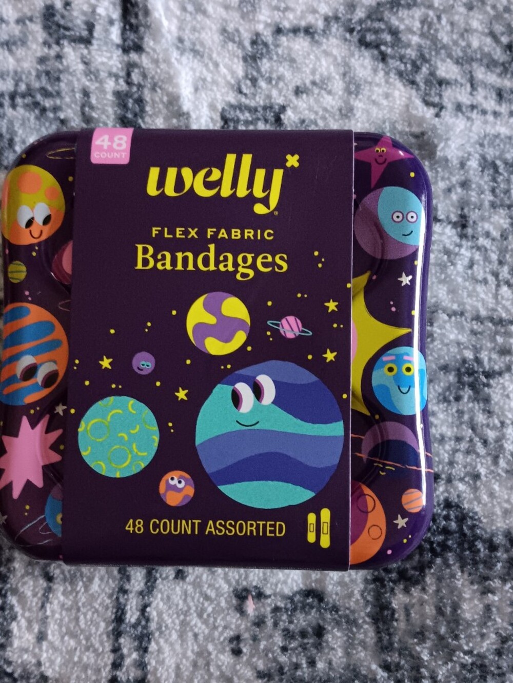 Welly Flex Fabric Bandages Tin - Purple Space Design, 48 Count